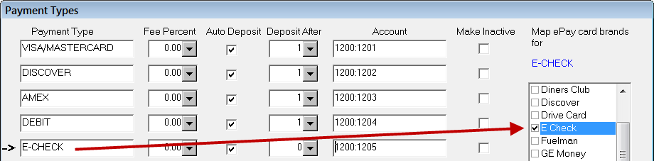 The Payment Types window with e check as a mapped payment type.